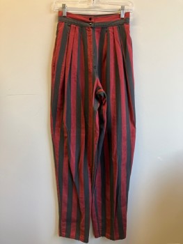 BOBBIE BROOKS, Red, Charcoal Gray, Cotton, Stripes - Vertical , Pleated, Zip Front With 2 Snap Buttons, Side Pockets,