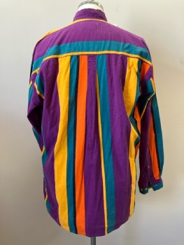 CASUAL BASICS, Purple/Gold/Teal/Orange/Black Vertical Stripe, Btn Down Collar, L/S, 1 Pckt,