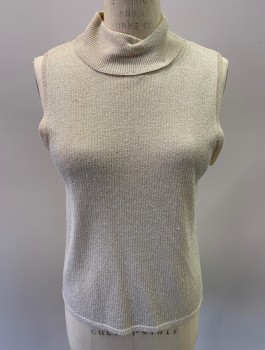 Womens, Shell, AUGUST SILK, Tan Brown, Gold, Silk, Polyester, 2 Color Weave, L, Turtleneck, Gold Metallic Weave, Rib Knit