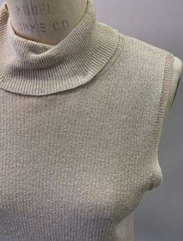 Womens, Shell, AUGUST SILK, Tan Brown, Gold, Silk, Polyester, 2 Color Weave, L, Turtleneck, Gold Metallic Weave, Rib Knit