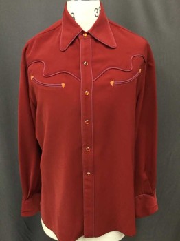 Mens, Western Shirt, N/L, Tomato Red, Red Burgundy, Orange, Polyester, Leather, Solid, Long Sleeves, Collar Attached,  Burgundy Piping, Orange Leather Triangle Accents At Edges Of 2 Welt Pockets, Snap Front