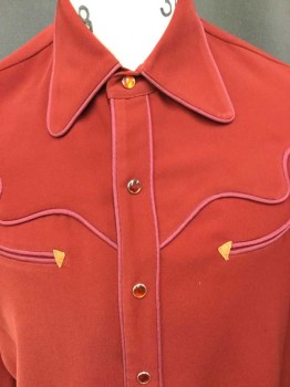 Mens, Western Shirt, N/L, Tomato Red, Red Burgundy, Orange, Polyester, Leather, Solid, Long Sleeves, Collar Attached,  Burgundy Piping, Orange Leather Triangle Accents At Edges Of 2 Welt Pockets, Snap Front