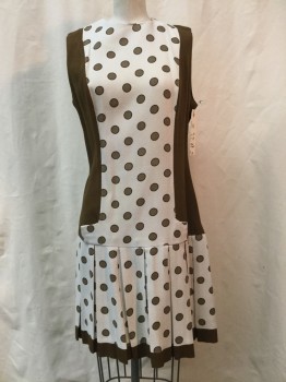 NO LABEL, Brown, Off White, Black, Synthetic, Polka Dots, Solid, Brown, off White/brown/black Polka Dot Print Center Front & Pleated Skirt with Brown Trim, Crew Neck, Sleeveless,  Zip Back, Late 1960's