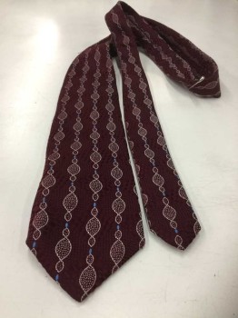 Mens, Tie, SEARS, Red Burgundy, White, Blue, Polyester, Abstract , 4 In Hand,
