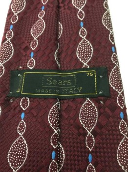 SEARS, Red Burgundy, White, Blue, Polyester, Abstract , 4 In Hand,