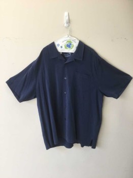 TOMMY BAHAMAS, Navy Blue, Silk, Solid, Open Collar, Button Front, 1 Pocket, Short Sleeves, Top Stitch Detailing