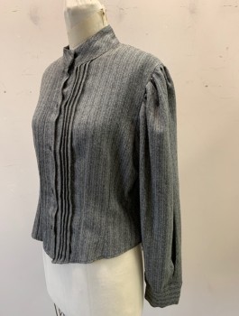 N/L MTO, Gray, Charcoal Gray, Cotton, Stripes - Pin, Flannel, Long Sleeve Button Front, Stand Collar, Pleated At Center Front Button Placket, Puff Sleeves Gathered At Shoulder, Pleated Vent At Center Back Hem, Made To Order