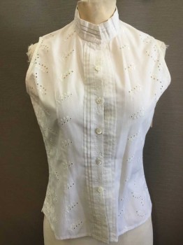 MTO, Off White, Cotton, Polyester, Floral, BLOUSE:  Off White Eyelet Bodice, Pleat Collar Attached  & Center Front, Snap & Button Front, Sleeveless,