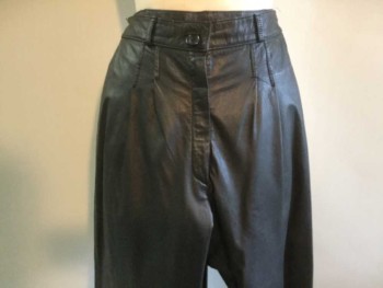 LAURICE, Black, Leather, Solid, Double Pleated, High Waist, Tapered Leg, Belt Loops, Zip Front, 3 Pockets