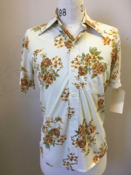 SEARS, Cream, Mustard Yellow, Ochre Brown-Yellow, Olive Green, Polyester, Floral, Short Sleeves, Button Front, Collar Attached, 1 Pocket, Cuffed Sleeves