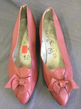Womens, Shoes, KHIR, Mauve Pink, Leather, Solid, 6, Heels, Pointed Toe with Self Bow, 1" Kitten Wedge Heel,