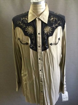 CALIFORNIA RANCHWEAR, Tan Brown, Black, Rayon, Color Blocking, Floral, Black Western Yoke, Floral Embroidery Chain Stitch, Western Pockets, Long Sleeves, Snap Front, Collar Attached, 5 Snaps On Sleeve Cuffs, Black Piping,