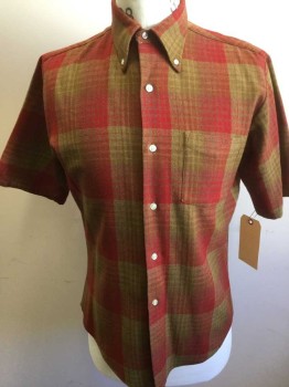 Mens, Casual Shirt, N/L, Ochre Brown-Yellow, Red, Wool, Plaid, M, Button Front, Short Sleeves, Button Down Collar, 1 Pocket,