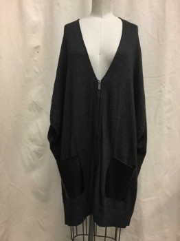 Womens, Sweater, LOFT, Charcoal Gray, Cotton, Synthetic, Heathered, XS, Heather Charcoal, Zip Front, 2 Black Faux Leather Pockets, Sleeveless