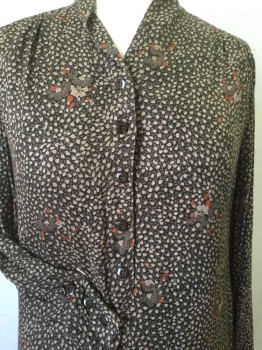 Womens, Dress, Long & 3/4 Sleeve, N/L, Dk Brown, Lt Brown, Orange, Tan Brown, Viscose, Floral, Abstract , 44, Solid Brown Lining, V-neck, 5 Button Front, Long Sleeves W/3 Buttons