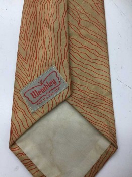 Mens, Tie, WEMBLEY, Cream, Tan Brown, Red, Lavender Purple, Silk, Woven Floral Motif, Red and Cream Squiggly Lines on Tan Background, Lavender Crescents, Stain and Small Hole on Bottom Crescent