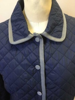 Womens, Jacket, BROOKS BROTHERS, Navy Blue, Gray, Polyester, Diamonds, B: 36, 4, Navy Diamond Quilt W/gray Knit Ribbed Trim, Collar Attached, Gray Snap Front, L/S, 2 Pockets W/flap