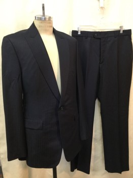 Mens, Suit, Jacket, N/L, Navy Blue, Wool, Stripes - Shadow, 42L, Single Breasted, 1 Button, Peaked Lapel, 3 Pockets,