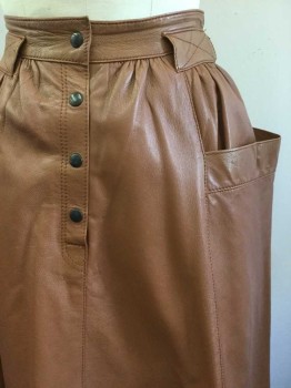 Womens, Skirt, JEAN PECAREL, Chestnut Brown, Leather, Solid, W26, 4 Dark Brown Snaps, Wide Belt Loops with Top Stitching, Left Side 2 Snap Detail at Hem