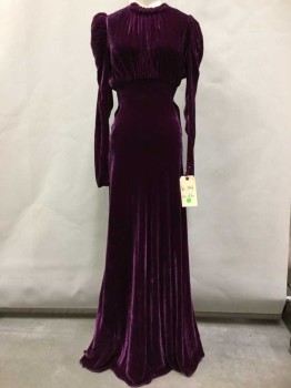 Womens, Evening Gown, Mto, Magenta Purple, Rayon, Solid, 26 W, 32 B, 34 H, Smock Center Front Small Ruffle Neck, Empire Waist, Self Tie Back,Puff Long Sleeves Smocked Detail, Bias Cut, Key Hole Back 2 Buttons, Side Zipper, 1930s