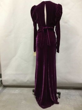 Womens, Evening Gown, Mto, Magenta Purple, Rayon, Solid, 26 W, 32 B, 34 H, Smock Center Front Small Ruffle Neck, Empire Waist, Self Tie Back,Puff Long Sleeves Smocked Detail, Bias Cut, Key Hole Back 2 Buttons, Side Zipper, 1930s