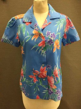 N/L, Periwinkle Blue, Pink, Teal Green, Orange, Purple, Polyester, Floral, Hawaiian, Short Sleeve Button Front, Puff Sleeves, Cuffed Sleeves, Notched Collar,
