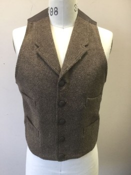 Mens, Historical Fiction Vest, N/L MTO, Brown, Dk Brown, Wool, Herringbone, 40, Notched Lapel, 5 Dusty Brown Fabric Covered Buttons, 4 Welt Pockets, Solid Brown Twill Lining & Back, Belted Back, Made To Order Reproduction, Old West