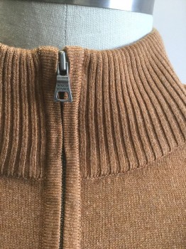 Mens, Pullover Sweater, BANANA REPUBLIC, Burnt Orange, Silk, Cashmere, Solid, XL, Knit, Rib Knit Stand Collar, Half Zip Closure at Front, Long Sleeves