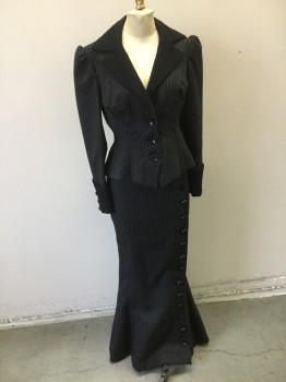 N/L, Black, Lt Gray, Wool, Acetate, Stripes, Jacket - Black with Gray Pin Stripe Wool. Fitted Jacket with 3 Button Closure at Center Front, with Vermicelli  Textured Black Collar and Cuffs. Bustled Peplum Back with Inverted Pleat Detail,