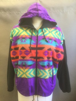 EAST WEST, Multi-color, Black, Purple, Nylon, Polyester, Native American/Southwestern , Solid, Lightweight Jacket, Colorful Southwestern Pattern Fleece, with Black Waffle Knit Long Sleeves and Lining, Purple Solid Nylon Hood and Bottom, Zip Front,