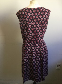 Womens, Dress, Sleeveless, BROOKS BROTHERS, Navy Blue, Red, White, Viscose, Medallion Pattern, 6, Navy with Red & White Medallion Print. Jewel Neckline, Top Fitted to Waist, Skirt Pleated at Back & Side Seams, Invisible Zipper Center Back,