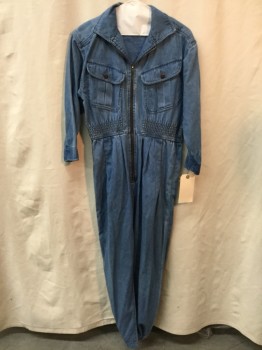 Womens, Jumpsuit, KAREN ALEXANDRE, Denim Blue, Cotton, Synthetic, Solid, W 32, B 34, Blue Chambray, Zip Front, Collar Attached, Elastic Waist Detail, 2 Pockets, Long Sleeves,