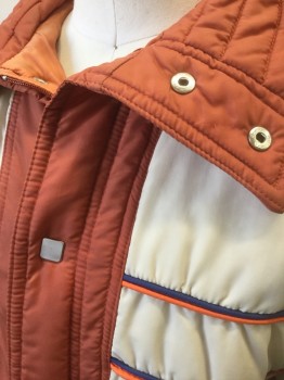 Mens, Jacket, SNUGGLER, Rust Orange, Ecru, Orange, Navy Blue, Nylon, Color Blocking, M, Rust with Ecru Shoulders, Horizontal Double Piping Stripes in Navy and Orange, Quilted Puffy Jacket, Zip and Snap Front, 2 Pockets, Late 70's/Early 80's