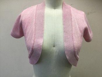 Womens, Sweater, UN DEUX TROIS, Lt Pink, Metallic, Acrylic, Lurex, Solid, S, Bolero Cardigan, Metallic/Glitter Specked Knit, Short Sleeves, Open at Center Front with No Closures, Cropped Length, 2000's