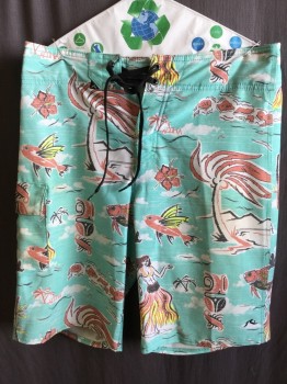 Mens, Swim Trunks, RUSTY, Mint Green, Rust Orange, Black, Off White, Neon Yellow, Polyester, Elastane, Tropical , 28, 2.5" Waistband, Velcro & Lacing Up, 1 Pocket with Flap