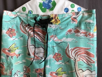 Mens, Swim Trunks, RUSTY, Mint Green, Rust Orange, Black, Off White, Neon Yellow, Polyester, Elastane, Tropical , 28, 2.5" Waistband, Velcro & Lacing Up, 1 Pocket with Flap