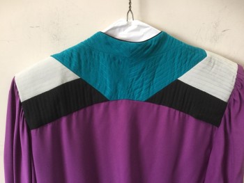 MTO, Purple, Silk, Solid, Long Sleeve, Button Front, Elastic Waistband, 2 Pockets, Black Piping on Cuff and Placket, Quilted Colorblock Yoke Teal Green/Dove Gray/Black