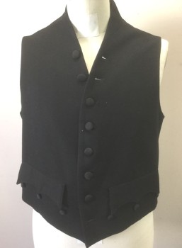 Mens, Historical Fiction Vest, HERO COLLECTION, Black, Wool, Solid, 44, Curved Front Opening with 8 Faille Fabric Covered Buttons, 2 Pockets with 3 Pointed/Scallopped Flaps, 3 Decorative Faille Buttons Under Each, Laces at Center Back Waist, Cream Lining, Reproduction Early 1800's