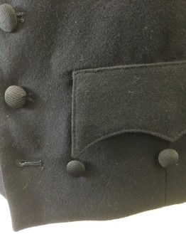HERO COLLECTION, Black, Wool, Solid, Curved Front Opening with 8 Faille Fabric Covered Buttons, 2 Pockets with 3 Pointed/Scallopped Flaps, 3 Decorative Faille Buttons Under Each, Laces at Center Back Waist, Cream Lining, Reproduction Early 1800's
