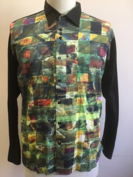 Mens, Club Shirt, A27, Multi-color, Black, Cotton, Abstract , N18, 2XL, S37, Abstract Marbled Multicolor Squares Print, Solid Black Collar Attached, Long Sleeves, and Back, Button Front with Black Square Unusually Spaced Buttons, Late 90's - Early 2000's