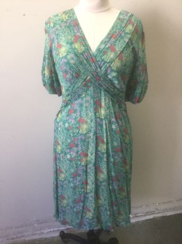 Womens, Dress, Short Sleeve, YVONNE LA FLEUR, Jade Green, Cherry Red, Ecru, Yellow, Lilac Purple, Rayon, Floral, M, Jade with Swirled Floral Pattern, Sheer Crepe, 1/2 Sleeves with Ruffled Edges, V-neck with Gathers Along Neckline, Inverted V Gathered Waistline (Looks Like An X of Gathers at Front), Knee Length
