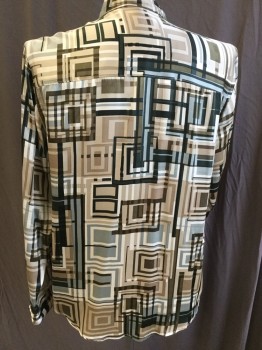 KENNETH COLE, Cream, Lt Blue, Forest Green, Lt Brown, Olive Green, Silk, Geometric, Abstract , Collar Attached, Button Front, Long Sleeves,q