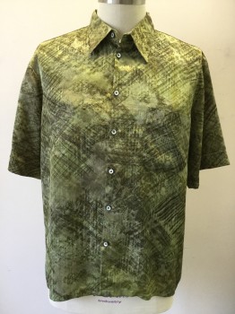 Mens, Club Shirt, EAGLESONS, Green, Black, Dk Green, Polyester, Novelty Pattern, 2XL, Criss Cross Scratch Pattern Over Multi Green, Button Front, Pointed Collar Attached, Short Sleeves, 1 Pocket
