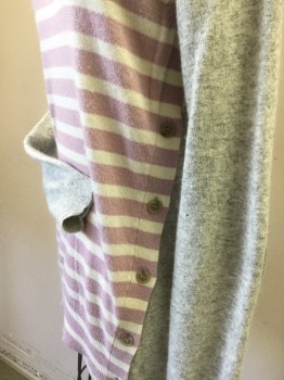 Womens, Pullover Sweater, J CREW, Periwinkle Blue, White, Heather Gray, Wool, Stripes, Color Blocking, XS, Periwinkle/White Strip Font, Heather Gray Sleeves/Back, Raglan Long Sleeves, Ecru Oval Elbow Patches, Front Panel Buttoned to Back Panel, Ribbed Knit Scoop Neck/Cuff/Waistband
