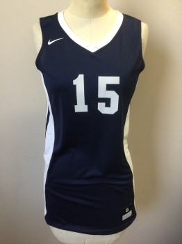 Unisex, Jersey, NIKE DRI FIT, Navy Blue, White, Polyester, Color Blocking, S, Navy with White V-neck, White Panels at Sides with Navy Stripes, Sleeveless, "15" at Front and Back