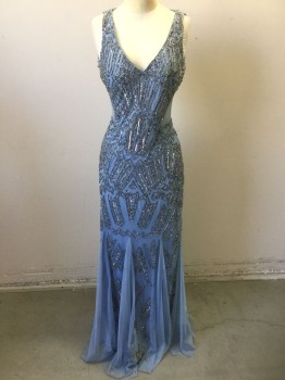 Womens, Evening Gown, ADRIANNA PAPELL, Slate Blue, Silver, Gray, Polyester, Beaded, Geometric, 6, Slate Blue Sheer Net with Silver and Gray Beads and Sequins in Art Deco Inspired Geometric Pattern, Opaque Solid Polyester Base Layer, Sleeveless, V-neck, Sheer Net See Through Triangular Panels at Side Waist and Lower Back, Open Back, Flared Hem with Godet Panels, Floor Length Hem