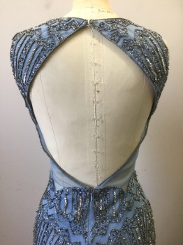 Womens, Evening Gown, ADRIANNA PAPELL, Slate Blue, Silver, Gray, Polyester, Beaded, Geometric, 6, Slate Blue Sheer Net with Silver and Gray Beads and Sequins in Art Deco Inspired Geometric Pattern, Opaque Solid Polyester Base Layer, Sleeveless, V-neck, Sheer Net See Through Triangular Panels at Side Waist and Lower Back, Open Back, Flared Hem with Godet Panels, Floor Length Hem
