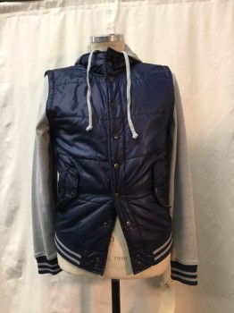 Mens, Casual Jacket, BARIII, Heather Gray, Navy Blue, Polyester, Cotton, Color Blocking, Stripes, S, Navy, Heather Gray Hood/sleeves, Navy/ Heather Gray Stripped Trim