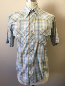 Mens, Western, ROPER, Lt Blue, Beige, Lt Brown, Lt Green, Cotton, Polyester, Plaid, S, Short Sleeves, Snap Closures, Collar Attached, Western Style Yoke, 2 Pockets with Flaps and Snap Closure