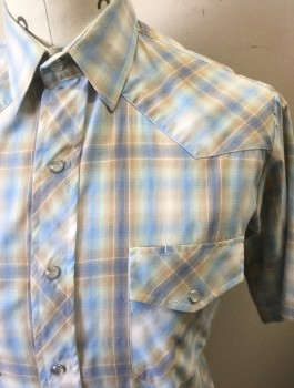 ROPER, Lt Blue, Beige, Lt Brown, Lt Green, Cotton, Polyester, Plaid, Short Sleeves, Snap Closures, Collar Attached, Western Style Yoke, 2 Pockets with Flaps and Snap Closure
